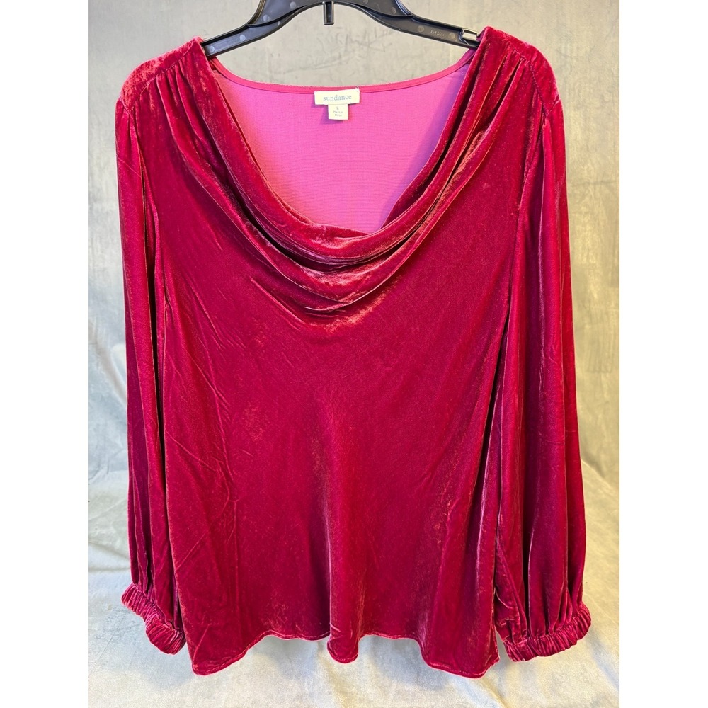 Sundance Velvet Cowl Neck Balloon Sleeve Pullover Top Claret Red Silk Blend L
